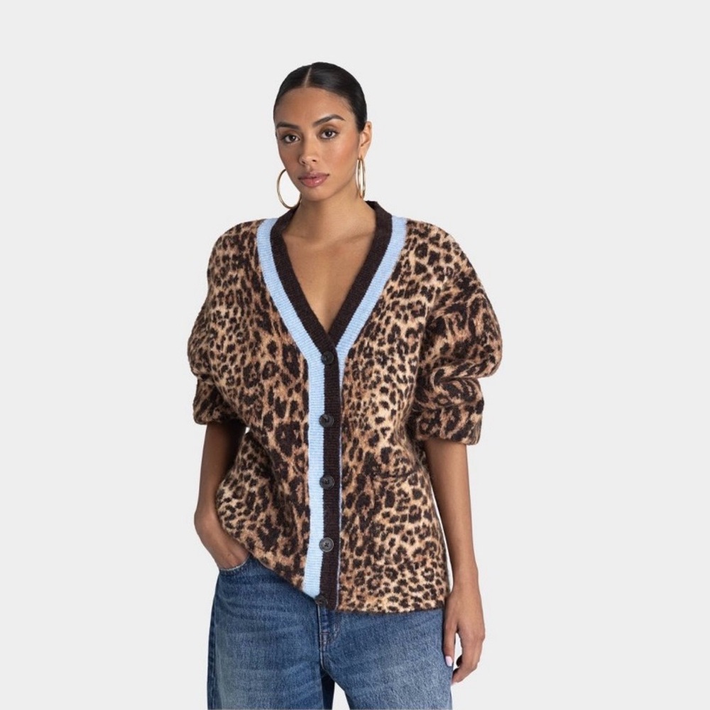 Leopard Print V-Neck Button Cardigan with Light Blue Trim